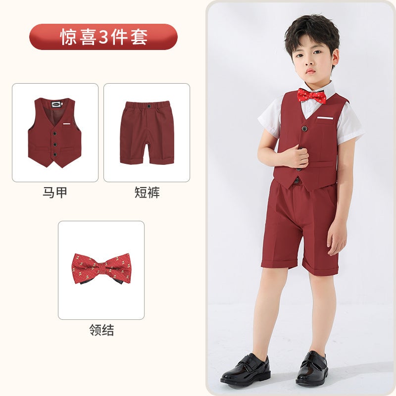 Boy's dress spring/summer British gentleman vest two-piece set student class graduation photography short sleeve shirt suit - Image 1