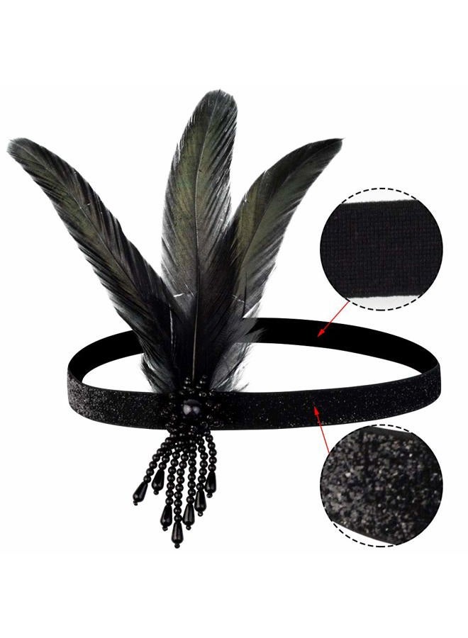yeabwps 1 Pcs 1920s Flapper Headpiece Black Feather Headband Roaring 20s Gatsby Hair Accessories (Black) - Image 3