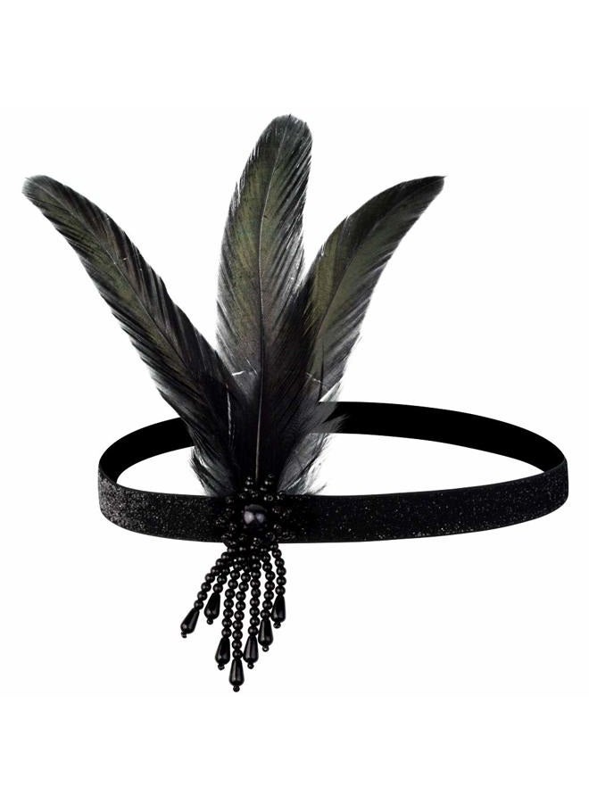yeabwps 1 Pcs 1920s Flapper Headpiece Black Feather Headband Roaring 20s Gatsby Hair Accessories (Black) - Image 1
