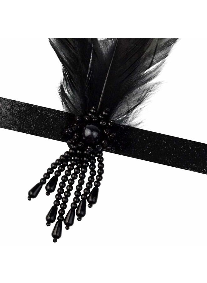 yeabwps 1 Pcs 1920s Flapper Headpiece Black Feather Headband Roaring 20s Gatsby Hair Accessories (Black) - Image 4