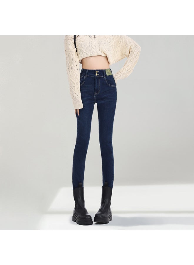 هابي بنطال قلمي باللون الأزرق الداكن للنساء في الخريف جديد عالي الخصر نحيل متمدد ضيق - Image 1