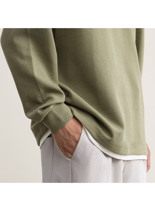 Markless Men's Autumn New Loose Fit Khaki Green Layered Long Sleeve Sweatshirt M 5406 - Image 3