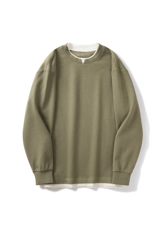 Markless Men's Autumn New Loose Fit Khaki Green Layered Long Sleeve Sweatshirt M 5406 - Image 4