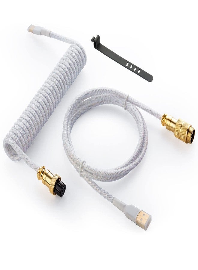 GUNMJO Starlight Coiled USB C Keyboard Cable for Gaming Keyboard, Double-Sleeved Mechanical Keyboard Cable with Detachable Metal Aviator, 1.5M USB-C to USB-A, White Color with Gold Aviator Connector - Image 1