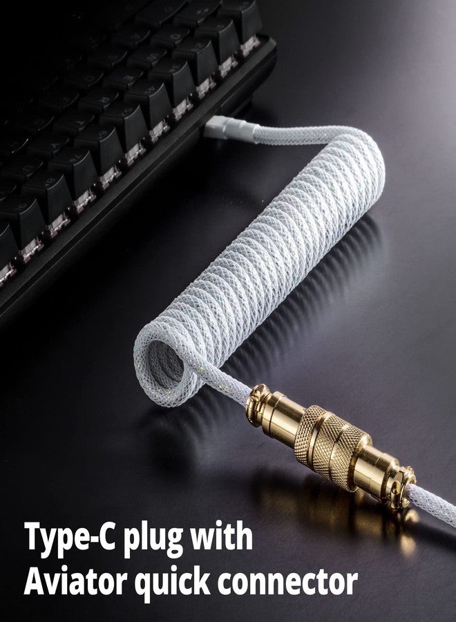 GUNMJO Starlight Coiled USB C Keyboard Cable for Gaming Keyboard, Double-Sleeved Mechanical Keyboard Cable with Detachable Metal Aviator, 1.5M USB-C to USB-A, White Color with Gold Aviator Connector - Image 3