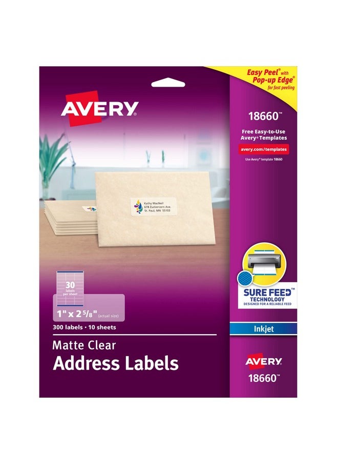 افيري - ملصقات عناوين قابلة للطباعة من Avery مع Sure Feed، مقاس 1 بوصة × 2-5/8 بوصة، شفافة غير لامعة، 300 ملصق بريد فارغ (18660) - Image 1