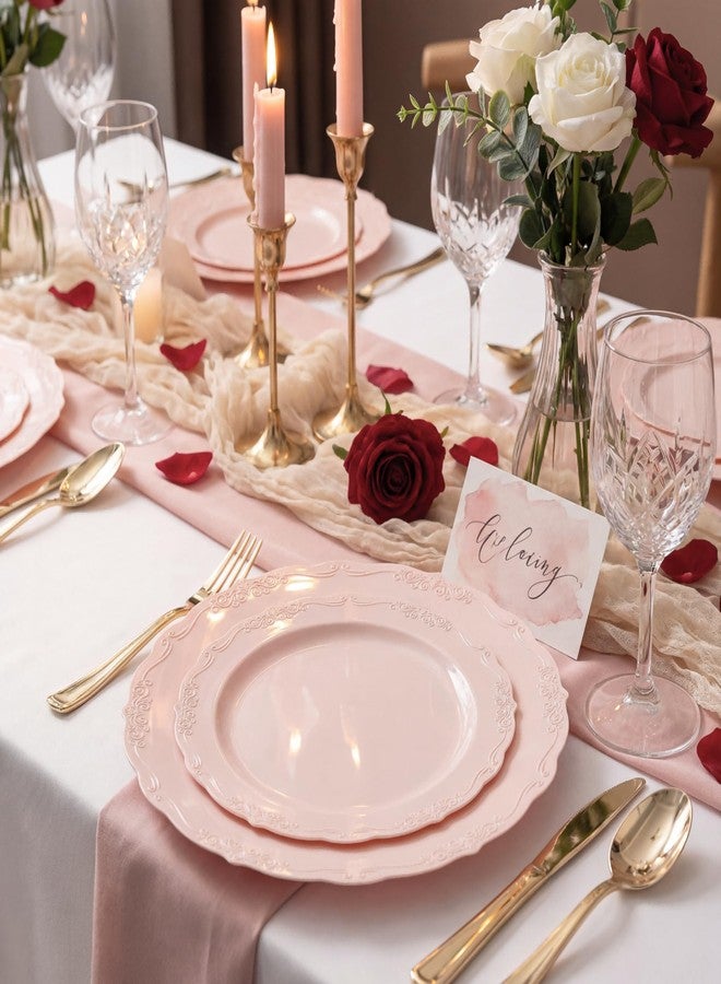 U-QE 100PCS Mauve Pink Plastic Plates - Heavy Duty Pink Disposable Plates for Mothers Day, Party, Baby Shower, Wedding - Serving 50 Guests Include 50PCS 10'' Dinner Plates & 50PCS 7.5'' Dessert Plates - Image 4