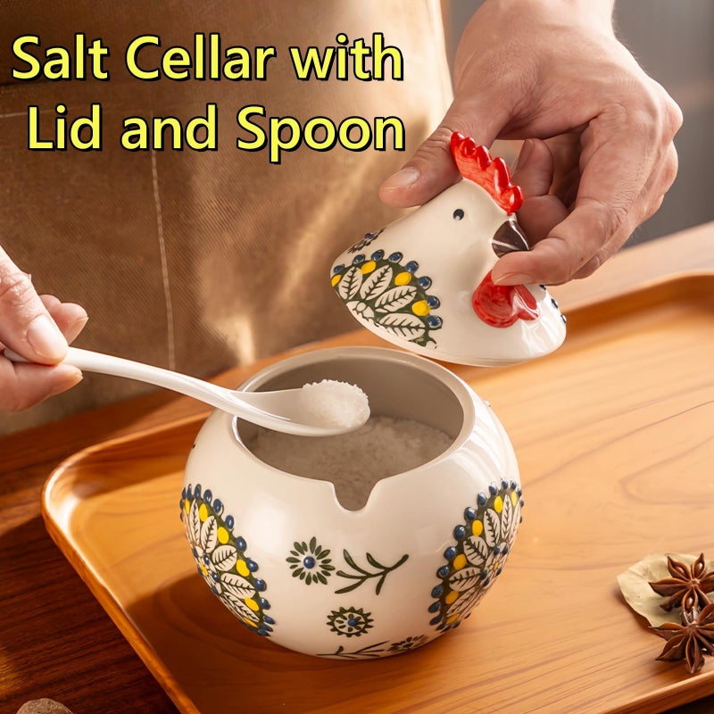 Frezonika Ceramic Salt Cellar with Lid and Spoon, 13 OZ Large Chicken Salt Jar, Salt Holder for Counter, Coffee, Sugar, Spices and Candies, Salt Containers for Countertop (Blue) - Image 3