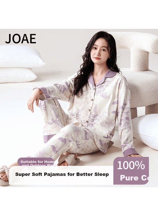 Joae 100% Cotton Women's Pajama Set Long Sleeve Cardigan Purple L Traditional Chinese Style Homewear - Image 1