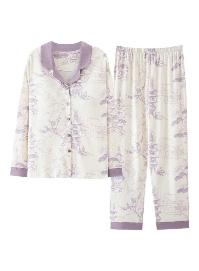 Joae 100% Cotton Women's Pajama Set Long Sleeve Cardigan Purple L Traditional Chinese Style Homewear - Image 2