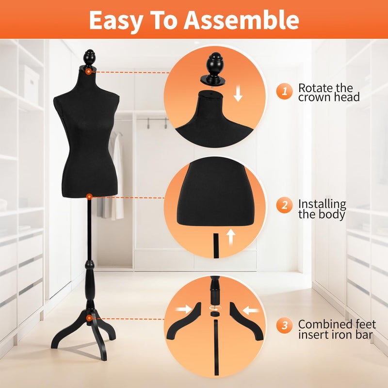 FDW Manikin 60â€-67â€Height Adjustable Female Dress Model Display Torso Body Tripod Stand Clothing Forms (Black, 60-67 Inches) - Image 3