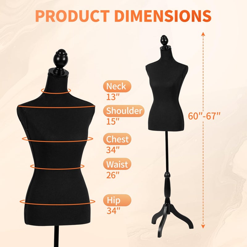 FDW Manikin 60â€-67â€Height Adjustable Female Dress Model Display Torso Body Tripod Stand Clothing Forms (Black, 60-67 Inches) - Image 2