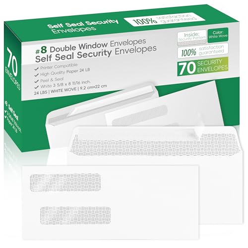 YNXPTBNC #8 Double Window Security Check Envelopes,Double Window Self Seal Security Envelopes,No.8 Double Window Bussiness Envelopes,70 Pack,Size 3 5/8 x 8 11/16 Inches,Designed for Checks(NOT for INVOICES) - Image 1