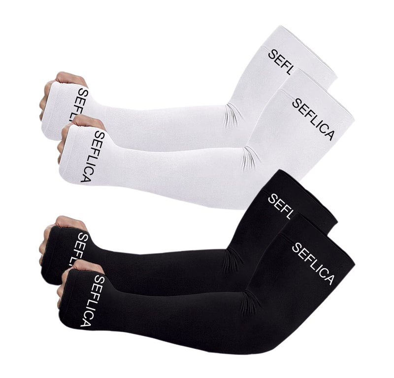 SEFLICA UV Sun Protection Cooling UPF 50 Compression Arm Sleeve for Men and Women With Thumb Hole, Arm Sleeves for Boys and Girls, For Tattoo Cover Up and Sports, 2 Pair - Black And White - Image 1