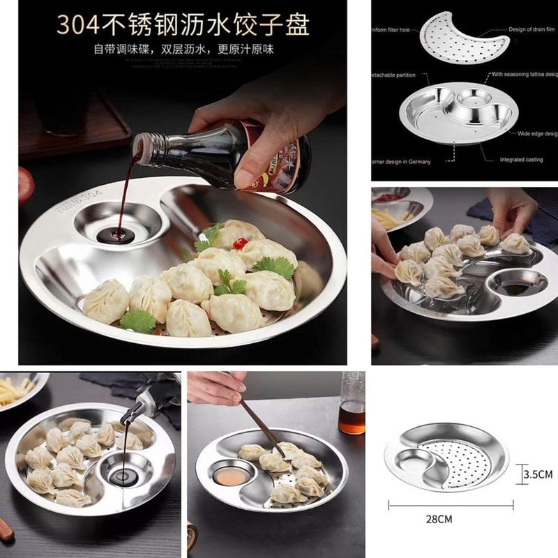 RexezGuardz Stainless Steel Round Dumpling Plate with Dip Holder - Versatile Serving Dish for Dumplings, Snacks, Fruits & More - Durable Kitchen Essential for Home & Restaurant - Image 4