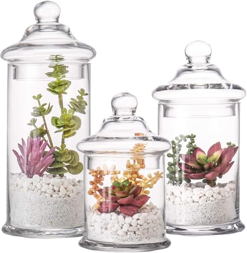 Diamond Star Set of 3 Glass Apothecary Jars with Lids, Clear Bathroom Storage Organizer Canister Set for Qtips, Cotton Swabs, Cotton Balls, Bath Salts (H: 11", 8.5", 7.5", D: 5"; 23 FL.OZ, 34 FL.OZ and 45 FL.OZ) - Image 1