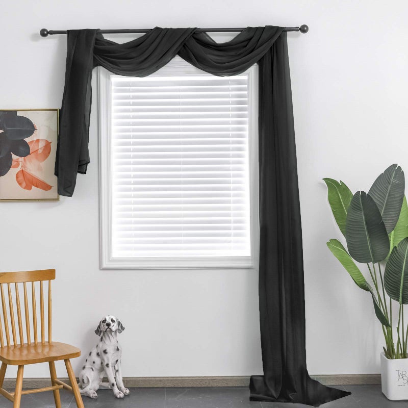 TOAVA DECO TOAVA DECO Black Sheer Window Scarf Valance for Windows Black Sheer Scarf Curtains 216 Inches Long for Living Room Bedroom Curtain Drapes Wedding Party Canopy Bed 52216 
