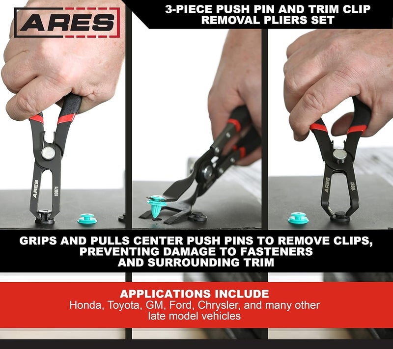 ARES 10074 – 3-Piece Push Pin and Trim Clip Removal Pliers Set – 30 Degree, 80 Degree, and Lift Action Pliers - Removes Push Pin and Press in Trim Clip Style Fasteners - Protects Trim and Fasteners - Image 4