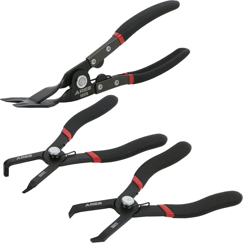 ARES 10074 – 3-Piece Push Pin and Trim Clip Removal Pliers Set – 30 Degree, 80 Degree, and Lift Action Pliers - Removes Push Pin and Press in Trim Clip Style Fasteners - Protects Trim and Fasteners - Image 1