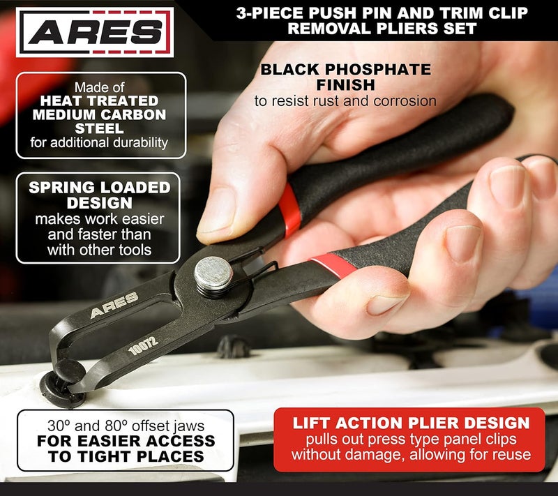 ARES 10074 – 3-Piece Push Pin and Trim Clip Removal Pliers Set – 30 Degree, 80 Degree, and Lift Action Pliers - Removes Push Pin and Press in Trim Clip Style Fasteners - Protects Trim and Fasteners - Image 3