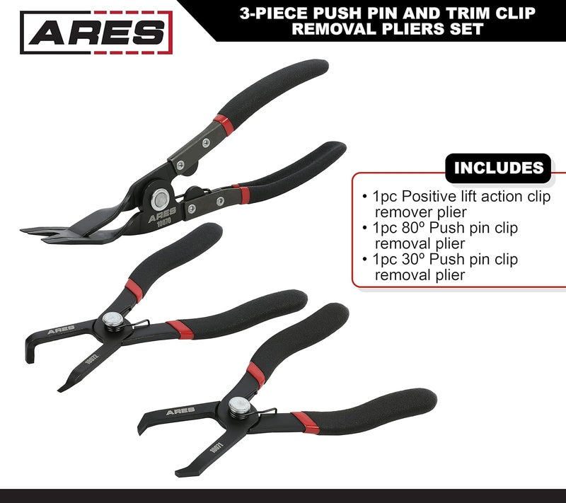 ARES 10074 – 3-Piece Push Pin and Trim Clip Removal Pliers Set – 30 Degree, 80 Degree, and Lift Action Pliers - Removes Push Pin and Press in Trim Clip Style Fasteners - Protects Trim and Fasteners - Image 2