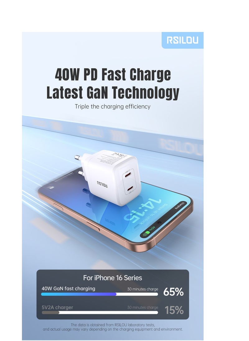 rsilou - R4282 GaN 40W Super Fast Charger, Dual USB-C Power Ports Power, Speed, and Safety in One Compact Design, with GaN Technology, Supports apple and all smartphones, tablets, Bluetooth headphones, and more, MultiProtect Protection - Image 1