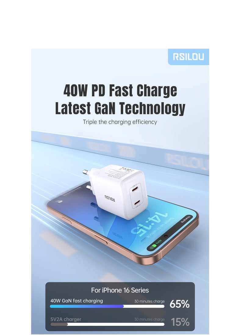 rsilou - R4282 GaN 40W Super Fast Charger, Dual USB-C Power Ports Power, Speed, and Safety in One Compact Design, with GaN Technology, Supports apple and all smartphones, tablets, Bluetooth headphones, and more, MultiProtect Protection - Image 1