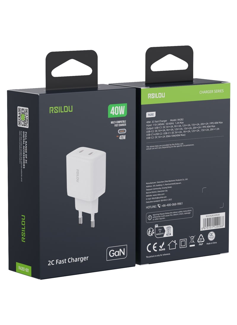 rsilou - R4282 GaN 40W Super Fast Charger, Dual USB-C Power Ports Power, Speed, and Safety in One Compact Design, with GaN Technology, Supports apple and all smartphones, tablets, Bluetooth headphones, and more, MultiProtect Protection - Image 1