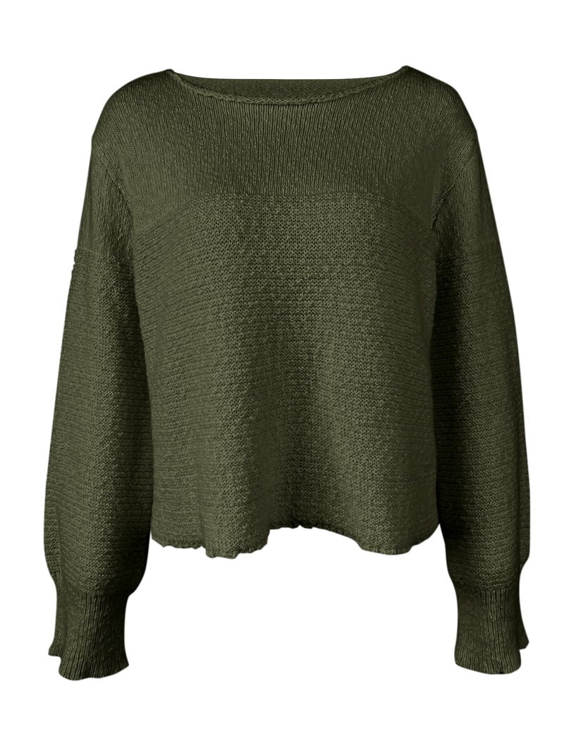 PRETTODAY Women's Crew Neck Knit Sweater Long Sleeve Textured Ribbed Casual Loose Cropped Pullover Tops Army Green - Image 3