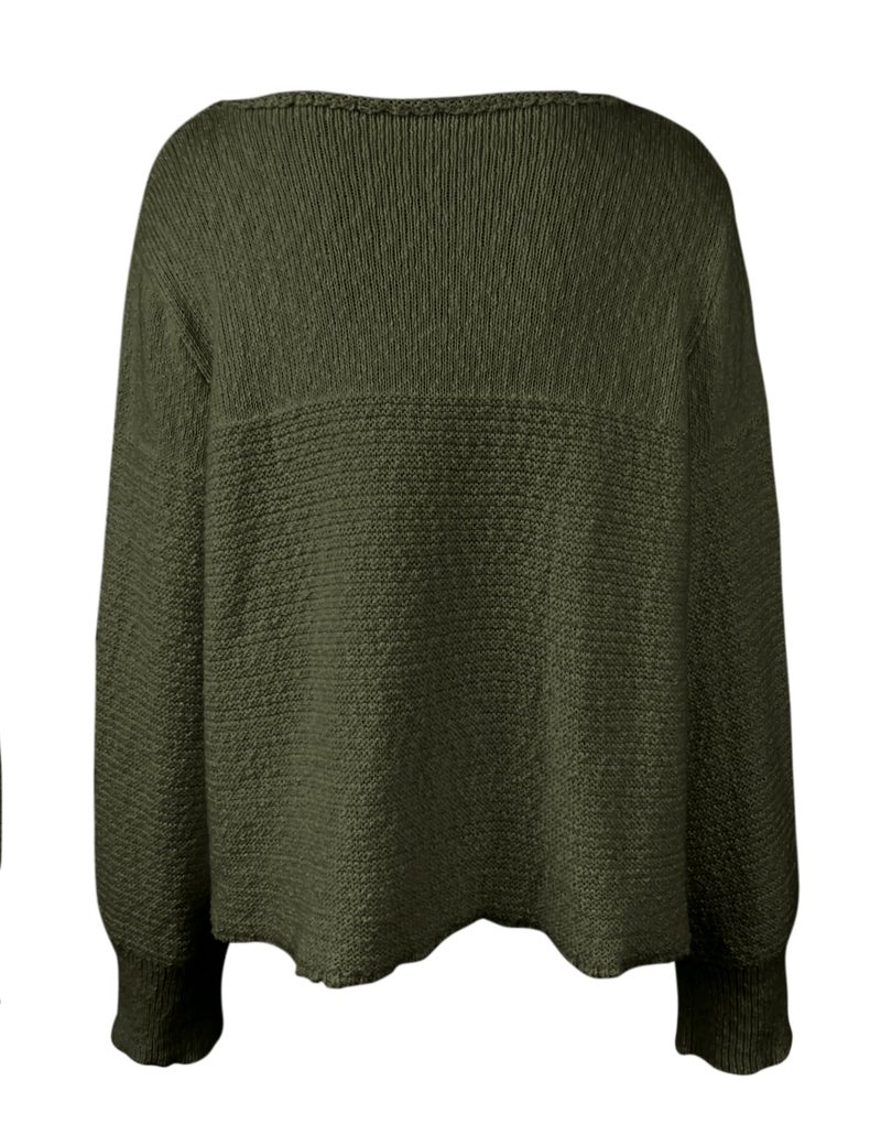 PRETTODAY Women's Crew Neck Knit Sweater Long Sleeve Textured Ribbed Casual Loose Cropped Pullover Tops Army Green - Image 4