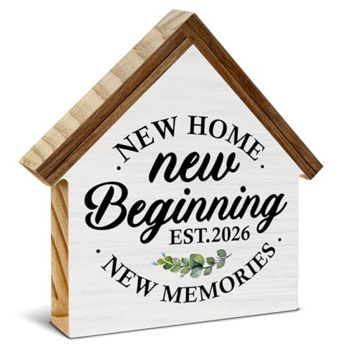 CIANMGD 2026 Housewarming Gifts, New Home Gift Ideas, New Beginnings House Shaped Wooden Block Sign, Home Living Room Decor for Desk Table Shelf - Image 1