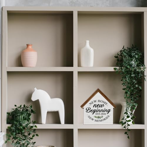 CIANMGD 2026 Housewarming Gifts, New Home Gift Ideas, New Beginnings House Shaped Wooden Block Sign, Home Living Room Decor for Desk Table Shelf - Image 3