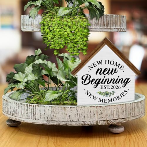 CIANMGD 2026 Housewarming Gifts, New Home Gift Ideas, New Beginnings House Shaped Wooden Block Sign, Home Living Room Decor for Desk Table Shelf - Image 4