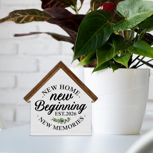 CIANMGD 2026 Housewarming Gifts, New Home Gift Ideas, New Beginnings House Shaped Wooden Block Sign, Home Living Room Decor for Desk Table Shelf - Image 2