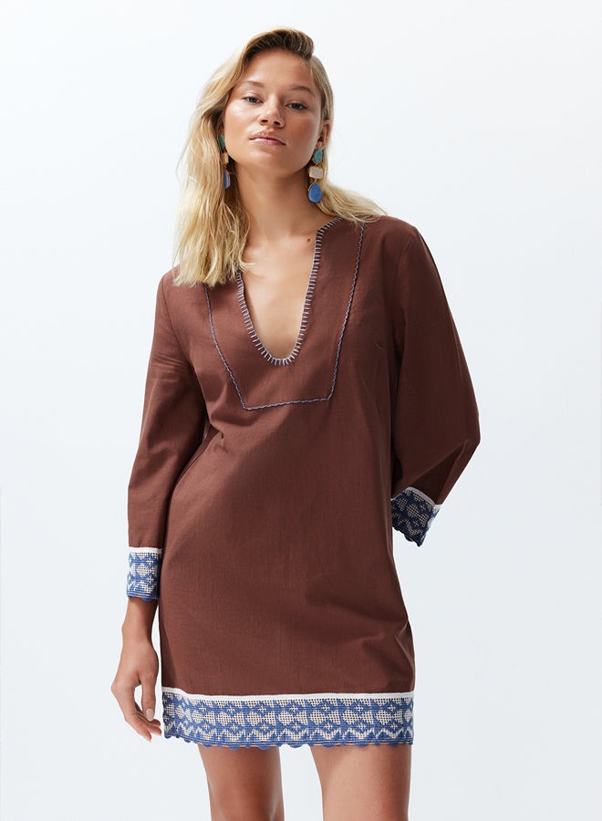trendyol Brown Mini Woven Stripe Accessory 100% Cotton Beach Dress TBESS24EL00094  - Image 1