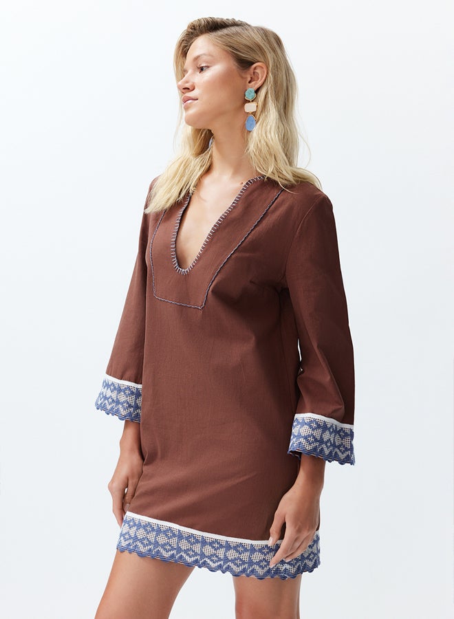 trendyol Brown Mini Woven Stripe Accessory 100% Cotton Beach Dress TBESS24EL00094  - Image 3