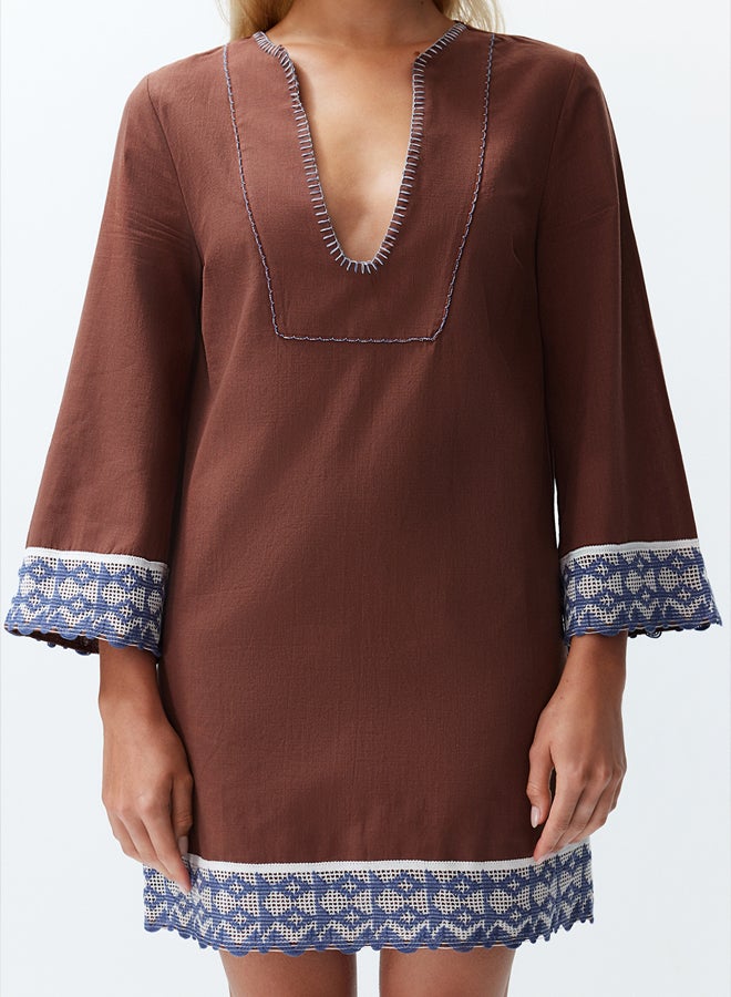 trendyol Brown Mini Woven Stripe Accessory 100% Cotton Beach Dress TBESS24EL00094  - Image 4