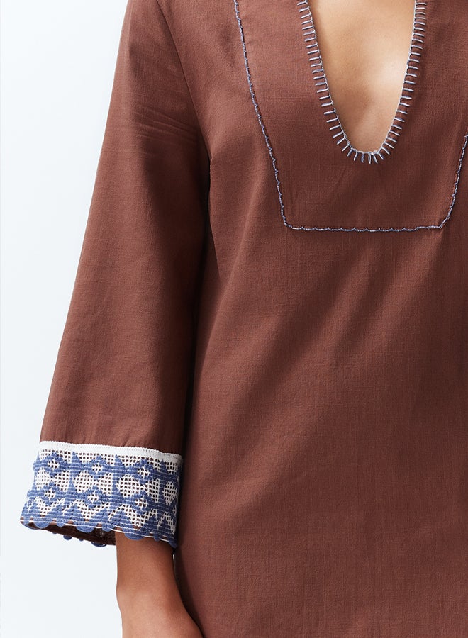 trendyol Brown Mini Woven Stripe Accessory 100% Cotton Beach Dress TBESS24EL00094  - Image 5