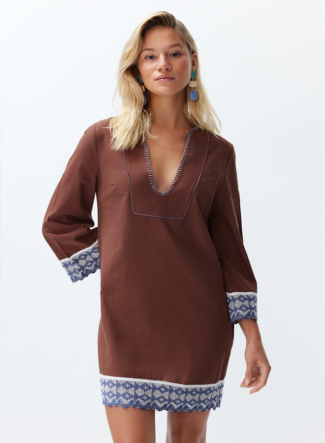 trendyol Brown Mini Woven Stripe Accessory 100% Cotton Beach Dress TBESS24EL00094  - Image 2