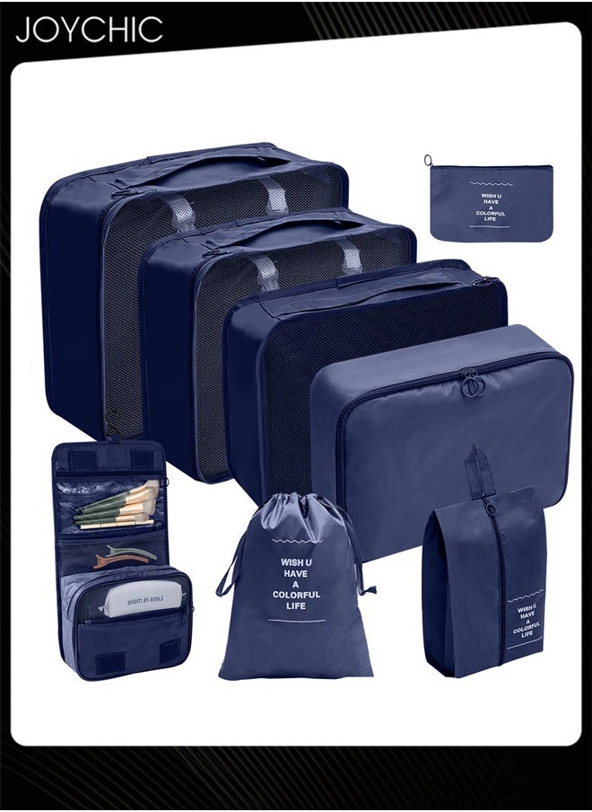 Joychic - 8 Piece Travel and Business Trip Packing Cubes for Suitcases Lightweight Trip Essential Saving Space Storage Bag Set with Toiletries Bag for Clothes Shoes Cosmetics Toiletries Navy Blue - Image 1