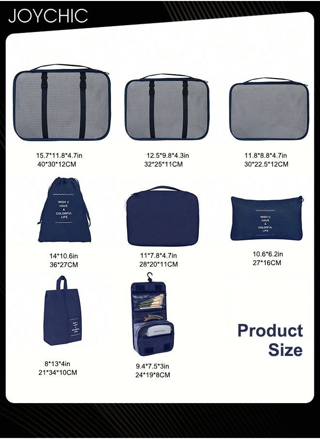 Joychic - 8 Piece Travel and Business Trip Packing Cubes for Suitcases Lightweight Trip Essential Saving Space Storage Bag Set with Toiletries Bag for Clothes Shoes Cosmetics Toiletries Navy Blue - Image 1