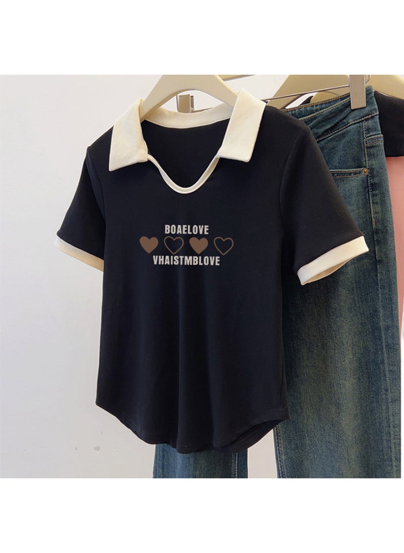 Generic - Slimming Cotton Polo Tee V-Neck Fat-Proof Womens Summer Top BLACK-BOAE FOUR LOVE - Image 1