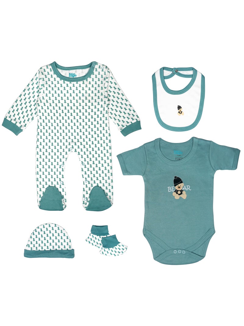 Babies Basic 5 piece Unisex 100% Cotton Sets include Bib, Romper, Mittens, Cap and Sleepsuit/Jumpsuit - Image 1