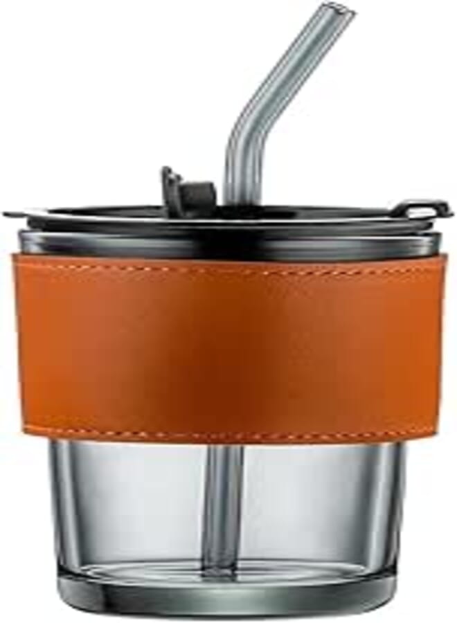 KPS Glass Mug with Leather Grip | Iced Coffee/Tea Tumbler with Straw & Lid | Leak Proof Reusable Smoothie/Milk/Water Drink Cup | for Home/Bar/Restaurant (Pack of 1,Multicolor)(450ml)