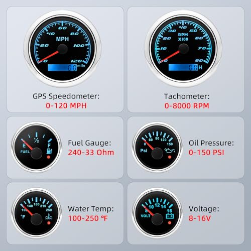 ARTILAURA 6 Gauge Set 3-3/8" 85mm GPS Speedometer, Tachometer, 2-1/16" Fuel Level, Water Temperature, Oil Pressure, Volt 7 Color Boat Gauges Kit for Marine Truck Car (Black Silver) - Image 3