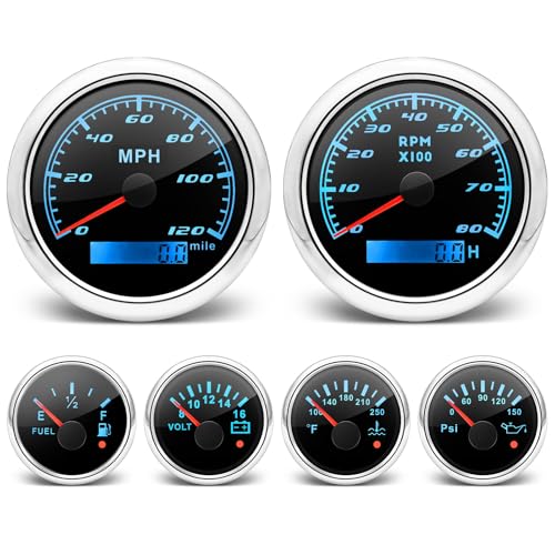 ARTILAURA 6 Gauge Set 3-3/8" 85mm GPS Speedometer, Tachometer, 2-1/16" Fuel Level, Water Temperature, Oil Pressure, Volt 7 Color Boat Gauges Kit for Marine Truck Car (Black Silver) - Image 1