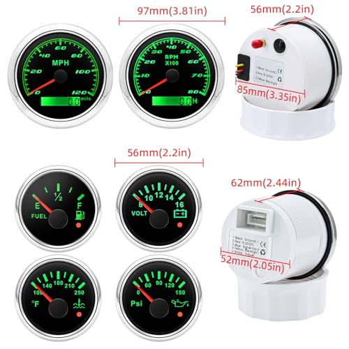 ARTILAURA 6 Gauge Set 3-3/8" 85mm GPS Speedometer, Tachometer, 2-1/16" Fuel Level, Water Temperature, Oil Pressure, Volt 7 Color Boat Gauges Kit for Marine Truck Car (Black Silver) - Image 2