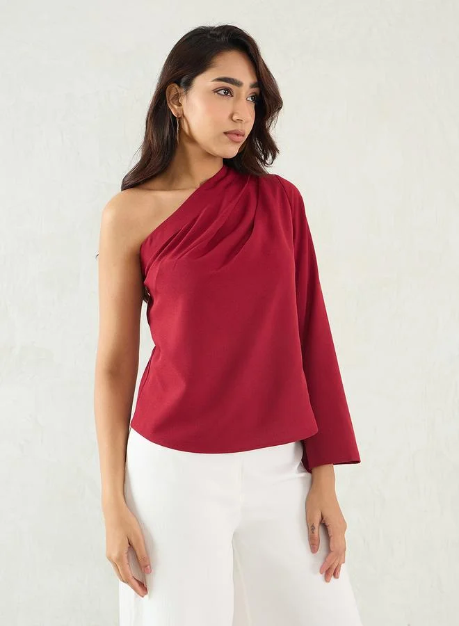 Femmella Femmella Maroon One Shoulder Bell Sleeve Top