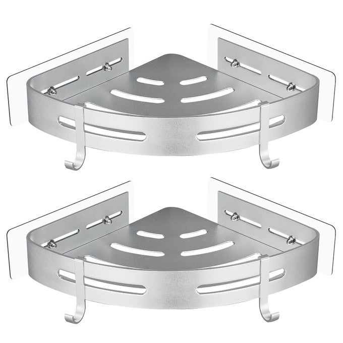 CORNER SHOWER SHELF NO DRILLING METAL WITH 2 HOOKS FOR SHOWER HOLDER RUST PROOF SELF ADHESIVE BATHROOM ITEMS SILVER