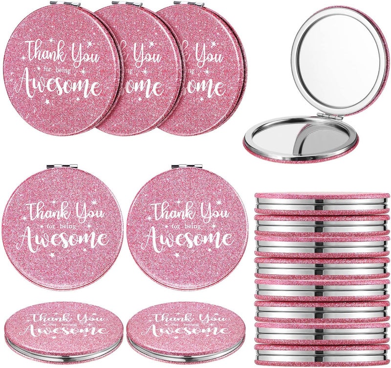 Roowest 12 Pcs Inspirational Compact Mirror Small Gifts for Women Bulk Double Sided Travel Thank You for Being Awesome Makeup Magnifying Pocket Mirror for Purse for Mom(Pink)